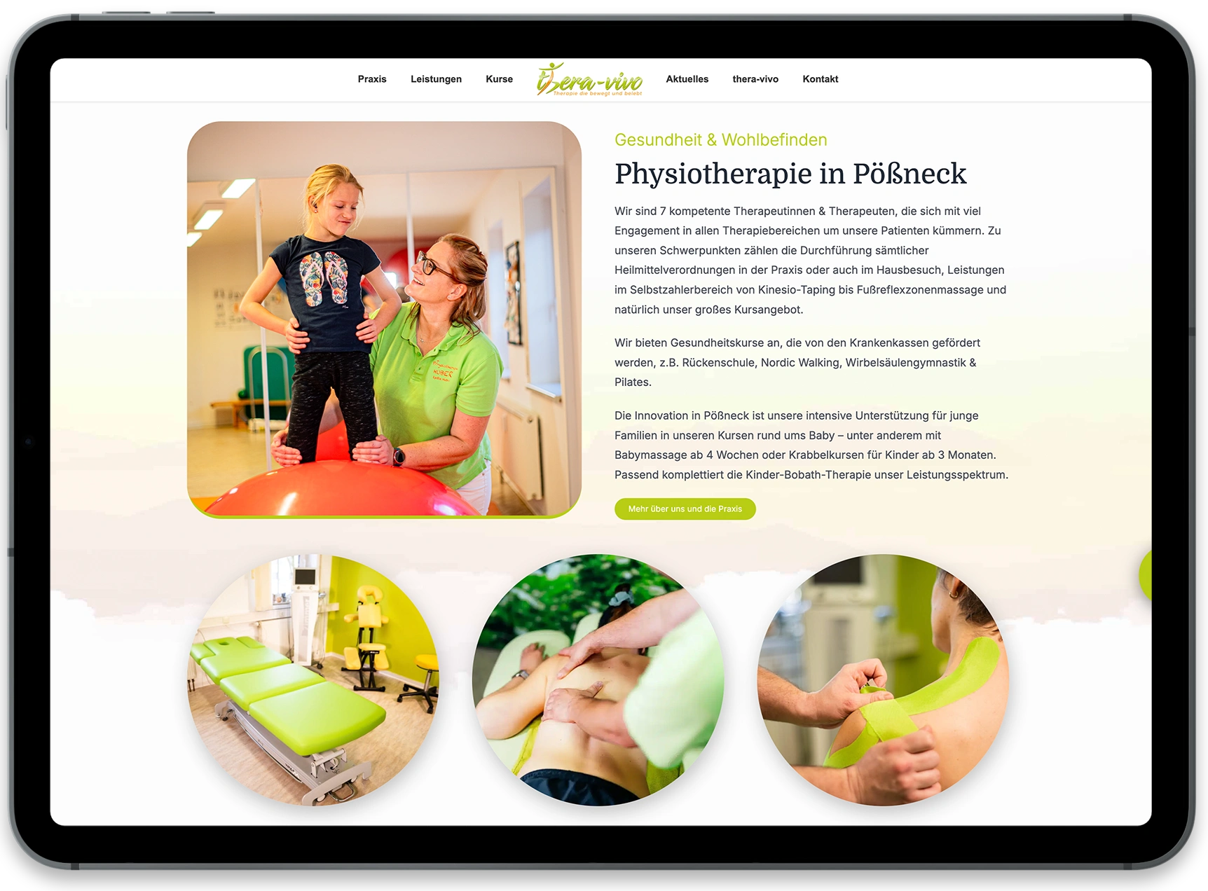 thera-vivo Pößneck Startseite der Physiotherapie Huber auf dem Ipad als Referenz