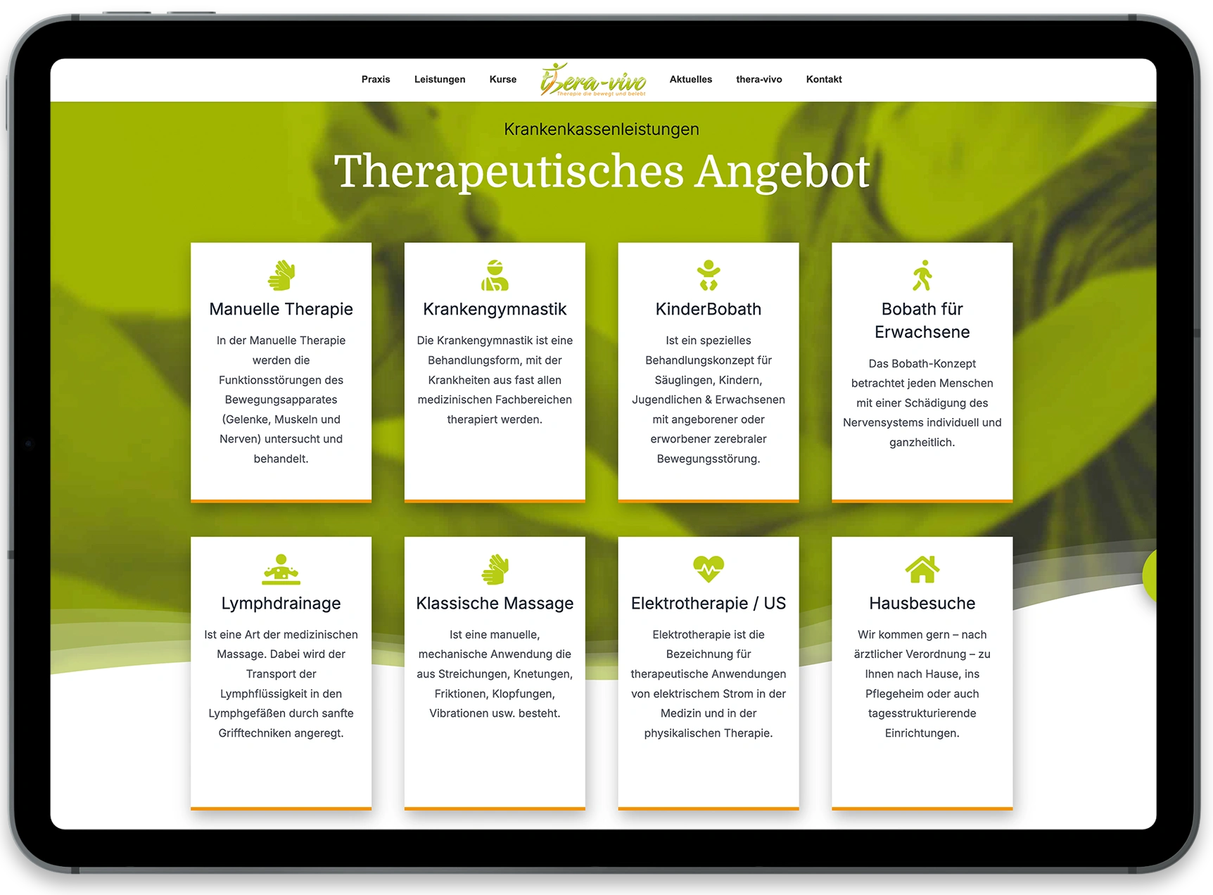 thera-vivo Pößneck Startseite der Physiotherapie Huber auf dem Ipad als Referenz